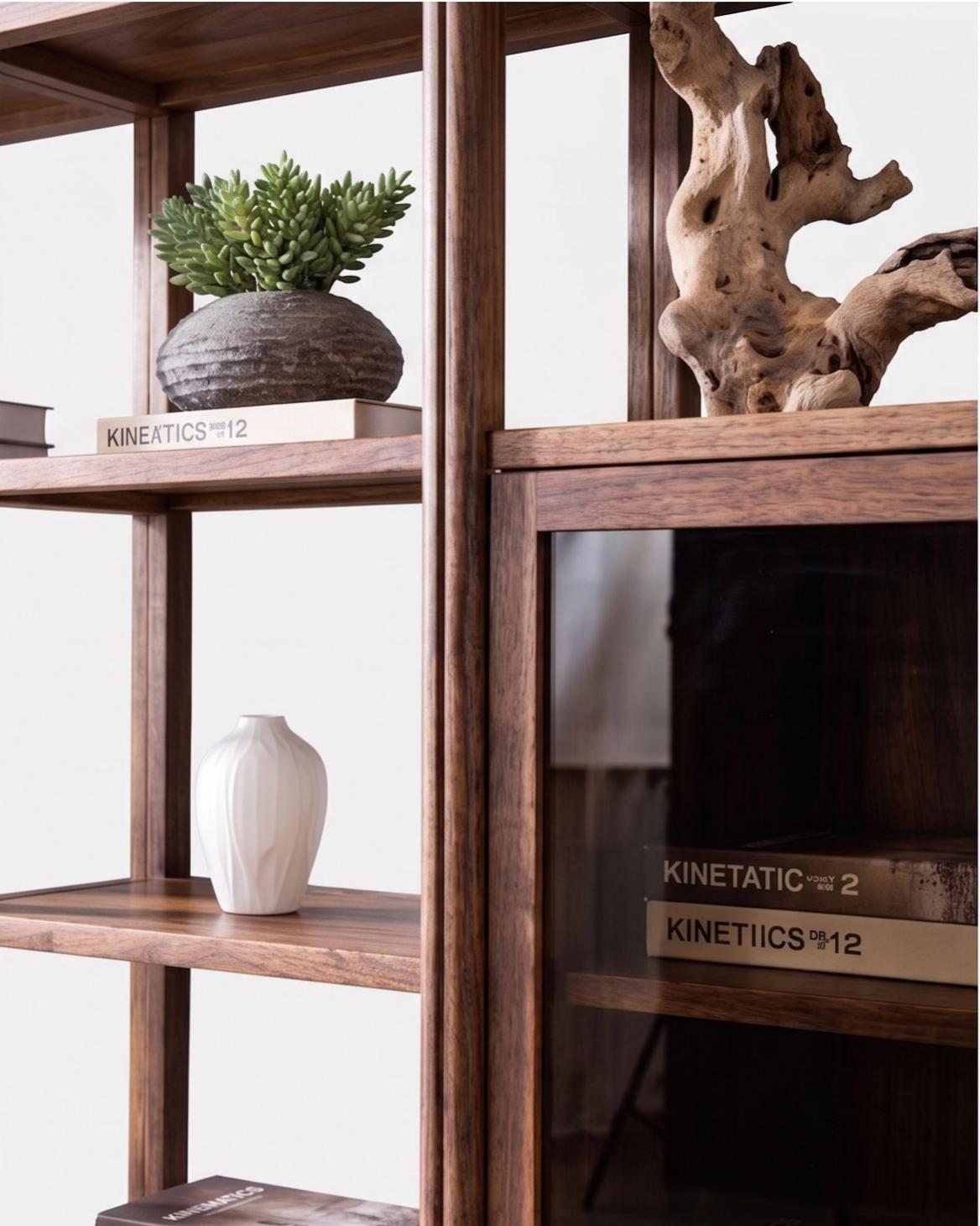 Kumo Heritage Walnut Solid Wood Glass Bookcase | | KUMO HOME