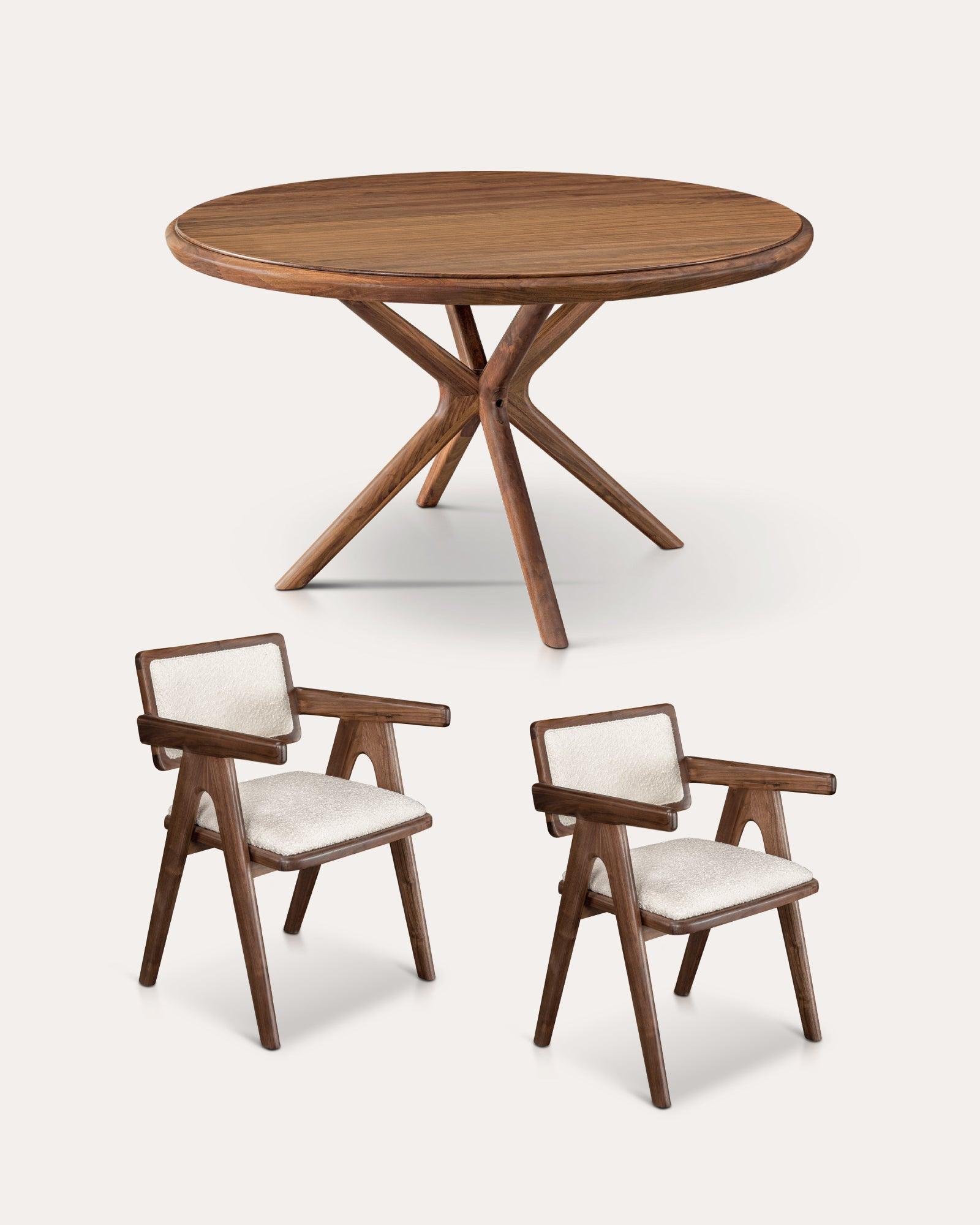 Walnut Round Dining Table And Chair Set - at KUMO HOME